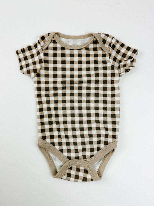 BROWN GINGHAM ONESIE - 6M