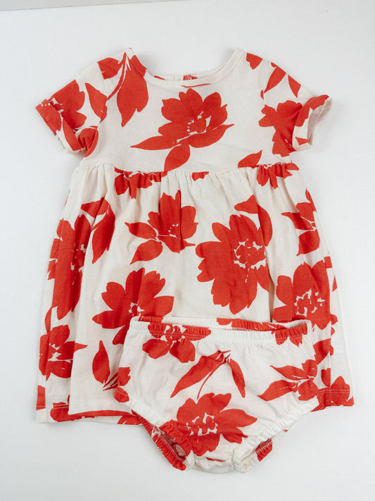 RED FLORAL DRESS + BLOOMERS - 24M