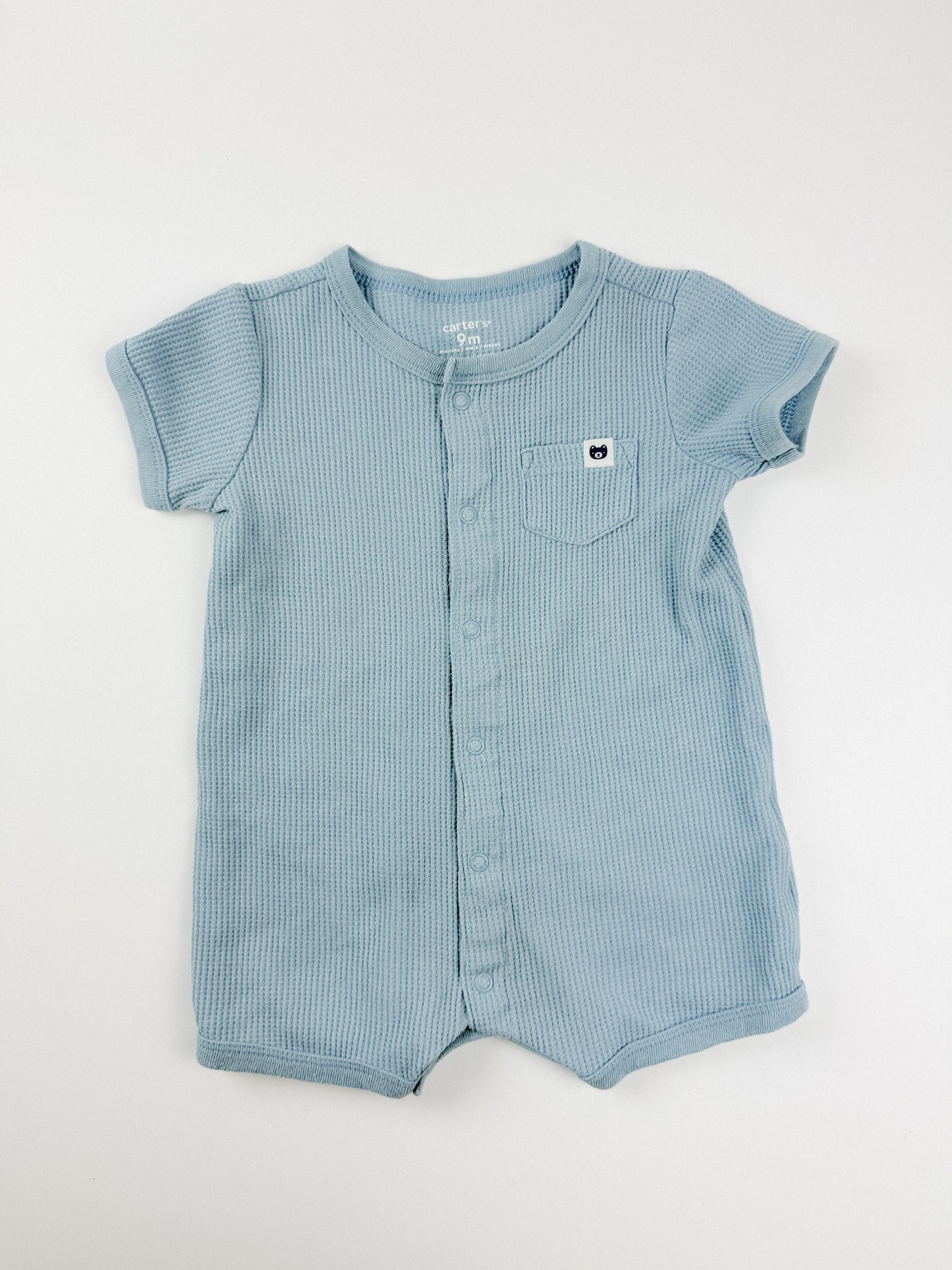 BLUE WAFFLE ROMPER - 9M