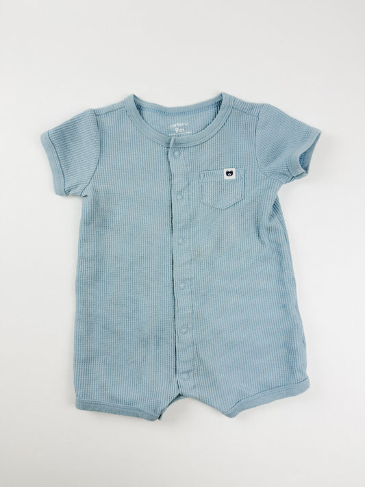 BLUE WAFFLE ROMPER - 9M